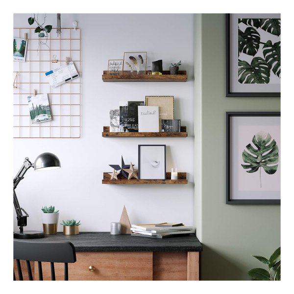 wandplanken, set van 3, zwevende planken, lengte 38 cm, verhoogde voorkant, voor decoratieve items, kruidenpotjes en fotolijsten, vintage bruin, LWS037X01
