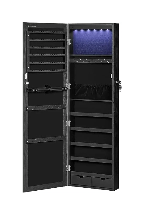 COSTWAY Sieradenkast met volledige lichaamsspiegel, ingebouwde make-upspiegel en 3-gekleurde LED-verlichting, sieraden, spiegelkast voor ringen