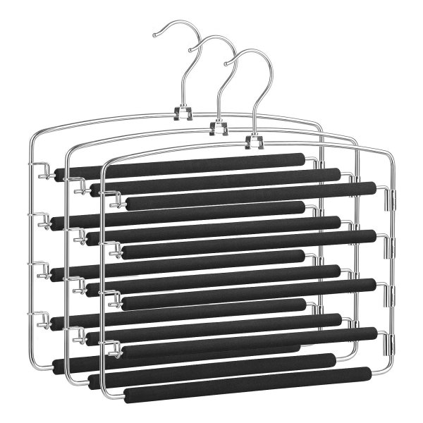 Broekenhangers ruimtebesparend, set van 3 meerdere metalen hangers, stabiel, anti slip vulling, draaibare broekspijpen, voor 5 jeans per stuk, pakbroek, sjaals, stropdassen