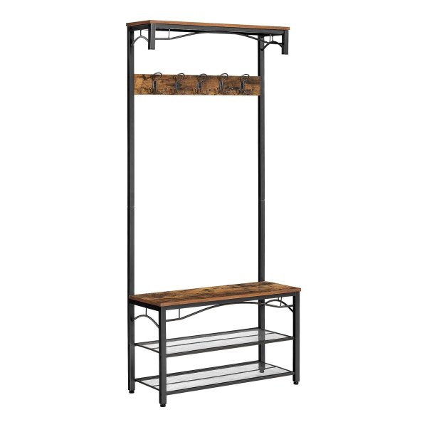Industrieel Kledingrek met Schoenenrek en Zitbank – 5 Haken en 3 Planken – Hout en Metaal – Vintage Design