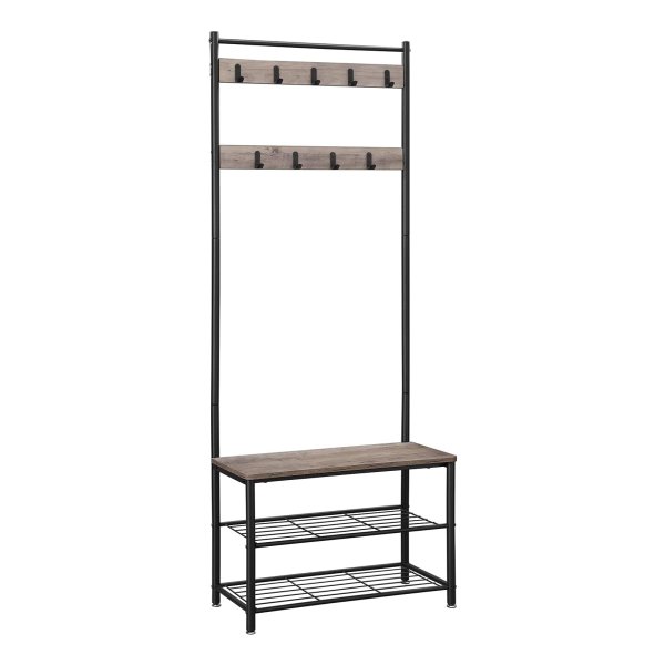 Kapstok met schoenenrek, entreekast met bank, 3 in 1, frame van staal, voor entree, hal, industriële stijl, grijs en zwart