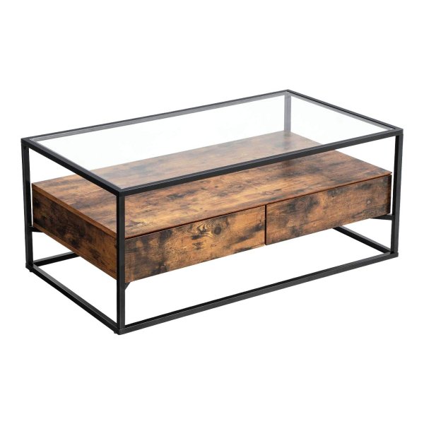 Salontafel in industrieel ontwerp, salontafel, glazen tafel met 2 lades, salontafel, salontafel, bankstel, loungedecoratie, gehard glas, stal, vintage bruin en zwart