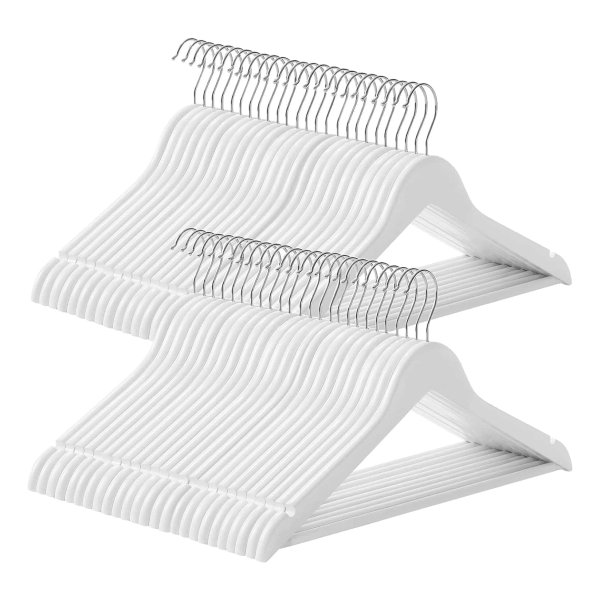 Kleerhangers van hout, set van 50 massief hout, inkepingen op de schouders, antislip broekbrug, 360° draaibare haak, voor pakken, overhemden, wit