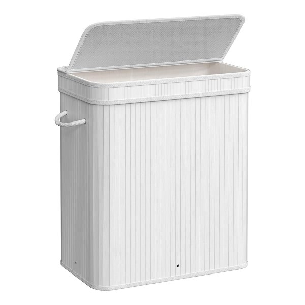 Wasmand met deksel, 100 liter, wasverzamelaar bamboe, waszak uitneembaar en machinewasbaar, met handgrepen, voor bijkeuken, slaapkamer, woonkamer, wit