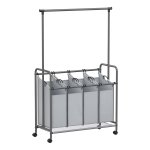 Wasmand 4 vakken, wasverzamelaar met wielen en kledingstang, wassorteerder, waswagen, waszak afneembaar, belastbaar, wielen met rem, 4 x 50 liter, grijs