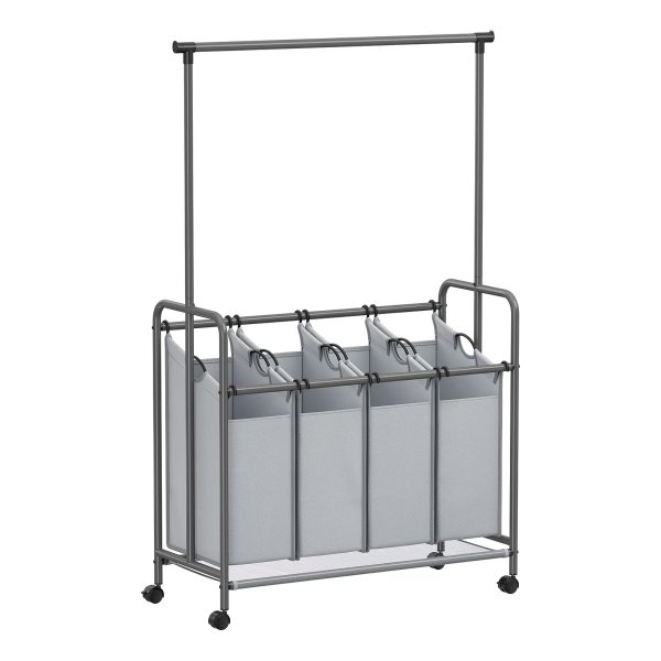 Wasmand 4 vakken, wasverzamelaar met wielen en kledingstang, wassorteerder, waswagen, waszak afneembaar, belastbaar, wielen met rem, 4 x 50 liter, grijs