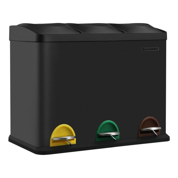 Afvalbak voor de keuken, afvalbak, 45 liter, afvalbak met binnenbak, afvalscheidingssysteem, pedaalemmer van roestvrij staal, 3 x 15 liter, zwart