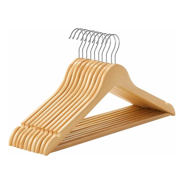 Houten kleerhanger, set van 10, massief houten kleerhanger, jashanger, inkepingen in schouderpartij, anti slip, voor jassen, overhemden, 360° draaibare haak, kleur naturel