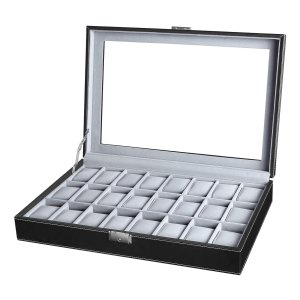 Horlogedoos, afsluitbaar horlogedoosje, opbergen, organizer voor horloges, met 24 vakken, glazen deksel, cadeau voor je geliefden, zwart