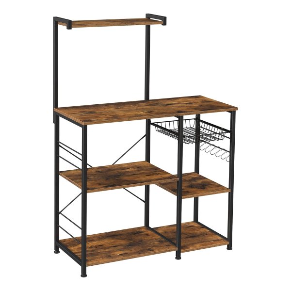 Keukenplank, staande plank met metalen mand, bakkerijplank met 6 S haken en planken, magnetronplank, kruidenrek, voor potten en pannen, industrieel ontwerp, vintage bruin en zwart