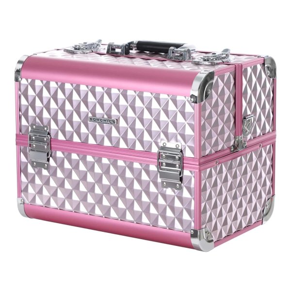 Beauty Case, Make-up Case, Make-up Storage Beauty Case, Multi Case, Make-up Case Vloertas Met Diamantpatroon, Zilver kleurig Roze