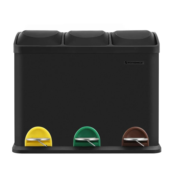 A.T. Shop Afvalbak Voor De Keuken, Afvalbak, 45 Liter, Afvalbak Met Binnenbak Afvalscheidingssysteem Pedaalemmer Van Roestvrij Staal 3 X 15 Liter Zilver Zwart