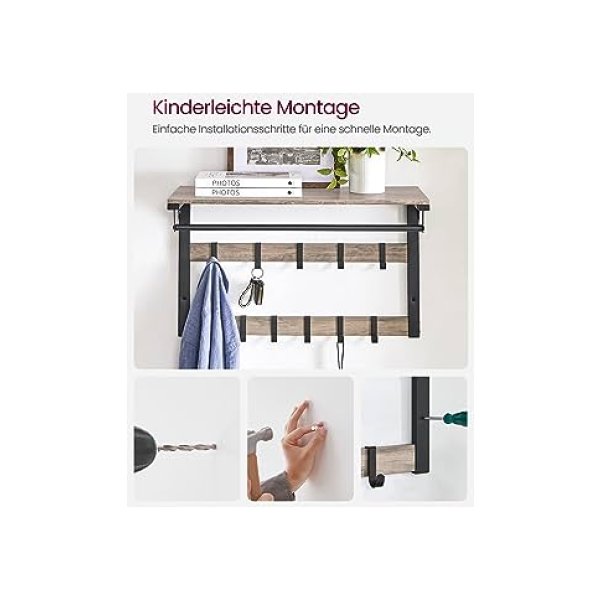 2 kapstokken, grijs en zwart, LCR101B02, Wandkapstok met plank, wandplank met 10 afneembare haken