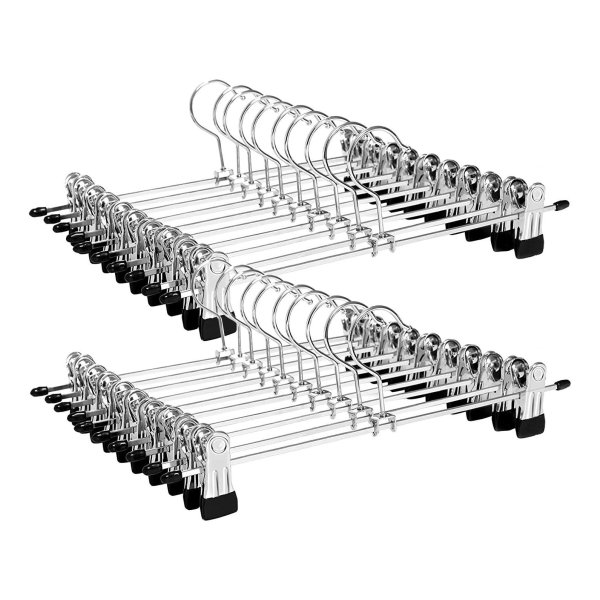 Metalen broekenhanger, 31 cm kleerhanger, anti slip, voor broeken, rokken en sokken, rokkenhanger met clips, set van 20, goede belastbaarheid, verchroomd, zwart en zilver