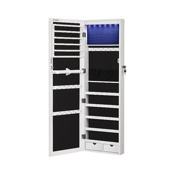 Hangende Sieradenkast met Led Verlichting, Make-Up Spiegel, deur- en wandmontage, 120 cm hoog