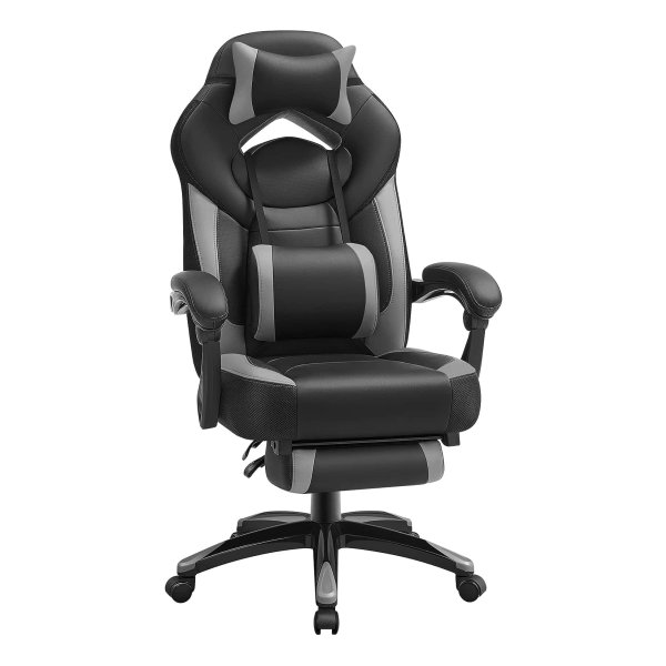 Gaming Chair, bureaustoel met voetsteun, bureaustoel, ergonomische vormgeving, verstelbare hoofdsteun, lendensteun, tot 150 kg belasting, grijs en zwart