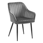 Eetkamerstoel, fauteuil, loungestoel, met armleuning, fluwelen bekleding, zitbreedte 49 cm, belastbaar tot 110 kg, metalen poten, voor eetkamer, keuken, lichtgrijs en zwart