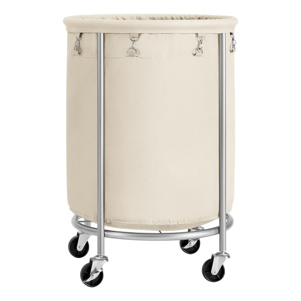Wasmand met wieltjes, wasverzamelaar, 170 liter, ronde mand met stalen frame, afneembare waszak, 4 wielen, waarvan 2 met rem, crèmekleurig en zilver