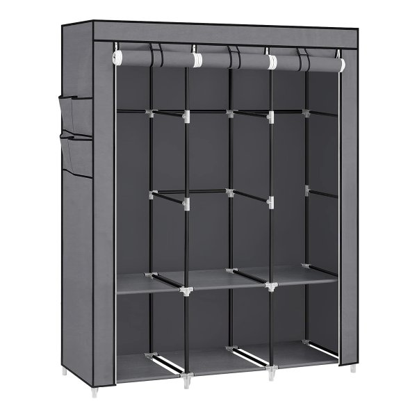 Stoffen kledingkast, kledingkast, 3 hangvakken, met legplanken, 4 zijvakken, veel ruimte, voor slaapkamer, woonkamer, grijs