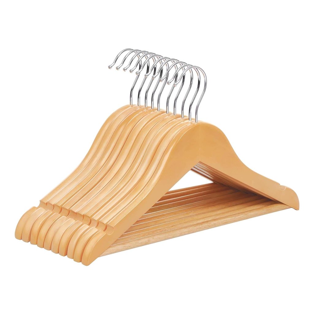 SONGMICS Houten kleerhanger, voor pakken, set van 20, massief houten kleerhanger, inkepingen in schouderpartij, anti-slip, jassen, hemden, broeken, 360° draaibare haak, natuur CRW001-20