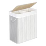 Wasmand van bamboe, wasverzamelaar met 2 compartimenten, wassorteermachine met deksel en verwijderbare waszak, katoenen handvatten, 100 L wasbox, witte