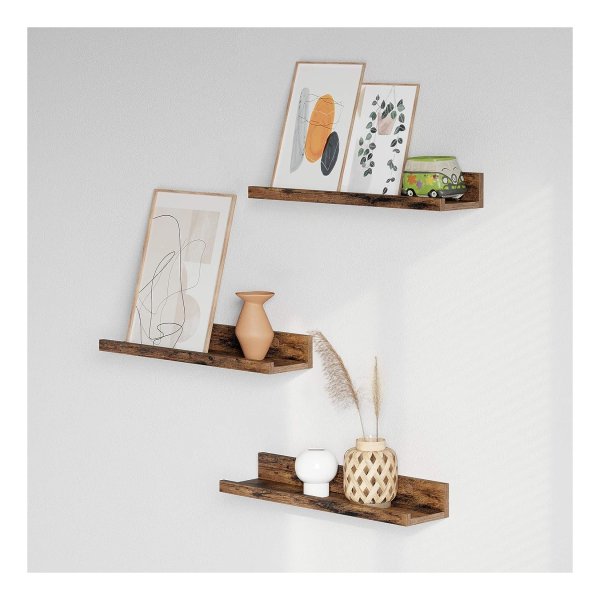 wandplanken, set van 3, zwevende planken, lengte 38 cm, verhoogde voorkant, voor decoratieve items, kruidenpotjes en fotolijsten, vintage bruin, LWS037X01