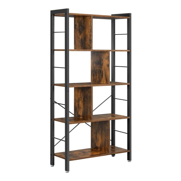 Boekenkast, boekenplank met 4 niveaus, vrijstaande plank, boekenkast, kantoorplank, industrieel ontwerp, voor woonkamer, kantoor, studeerkamer, groot, metalen frame, vintage bruin en zwart