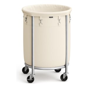 Wasmand met wieltjes, wasverzamelaar, 110 liter, ronde mand met stalen frame, afneembare waszak, 4 wielen, waarvan 2 met rem, wit en zilver