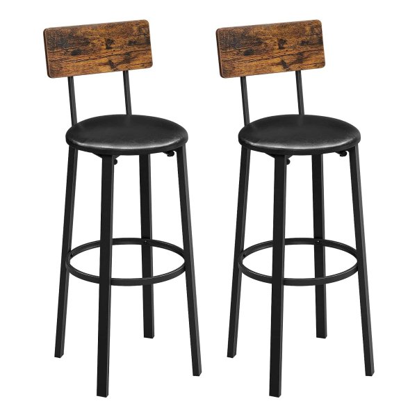 Barstoelen, set van 2, hoge krukken, gevoerde stoelen, voetensteun, eenvoudige montage, industriële stijl, voor keuken, eetkamer, rustiek bruin en zwart