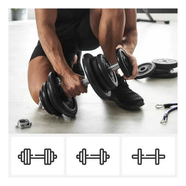 MSPORTS Halterset Premium 2-in-1 (korte halters lange halter), verstelbaar 20 kg, met stalen verbindingsbuis en stersluitingen, ideaal voor thuisgym, krachttraining en spieropbouw