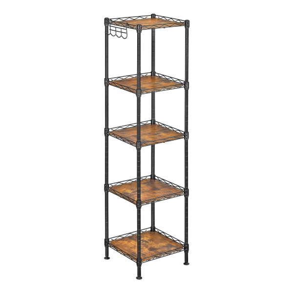 Badkamermeubel, vrijstaande plank, keukenplank, badkamermeubel, belastbaar tot 100 kg, uitzetbaar, van metaal, voor kleine ruimtes, met vintage bruine PP panelen, zwart