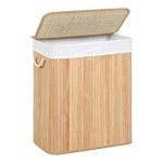 Wasmand, 100 L, wasbak gemaakt van bamboe, waskist met handvatten, deksel met clips, opvouwbaar, waszak afneembaar, natuurlijke kleur