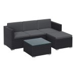 Tuinmeubelset, balkonmeubilair, terrasmeubilair van polyrotan, hoekbank, buiten, handgeweven rotan, loungeset, met kussen en glazen tafel, zwart en grijs