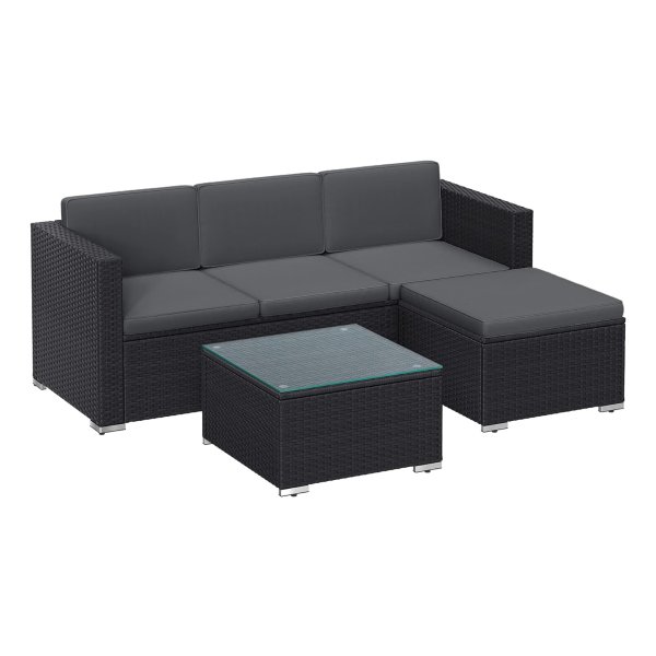 Tuinmeubelset, balkonmeubilair, terrasmeubilair van polyrotan, hoekbank, buiten, handgeweven rotan, loungeset, met kussen en glazen tafel, zwart en grijs