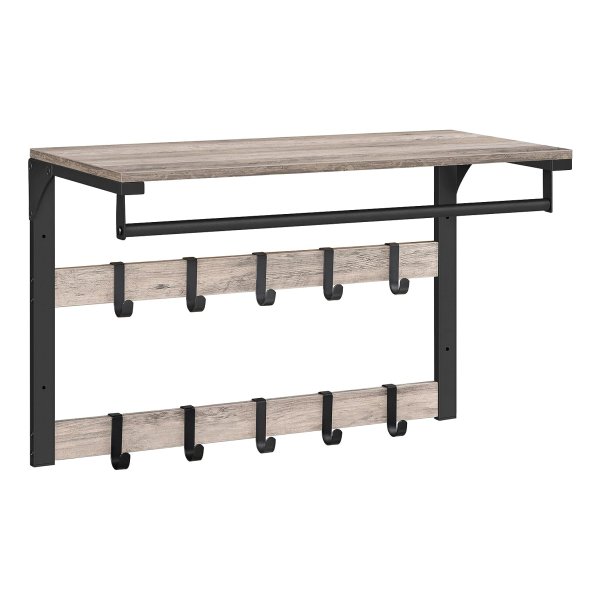 Wandkapstok met plank, wandplank met 10 afneembare haken, hangende plank, wandmontage, 2 kapstokken, kledingstang, voor hal, slaapkamer, badkamer, grijs en zwart
