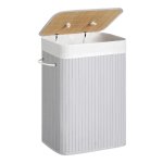 Wasmand van bamboe met een inhoud van 72 liter, met deksel en handgrepen, opvouwbare, katoenen waszak, kan in de wasmachine worden gewassen, grijs