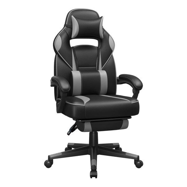 Gaming chair, bureaustoel met voetsteun, bureaustoel met hoofdsteun en lendenkussen, in hoogte verstelbaar, ergonomisch, 90-135° kantelhoek, tot 150 kg draagvermogen, zwart en grijs