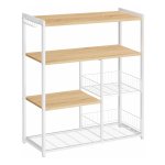 Keukenrek, staand rek met 2 metalen manden, bakkersrek met haken en planken, magnetronrek, lichtwalnootbruin en wit