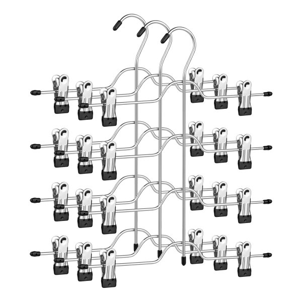 Broekhanger ruimtebesparend, meerdere rokhangers met clips, set van 3, metalen kleerhanger, voor 4 broeken elk, met 8 verstelbare clips, anti slip, voor broeken, jeans, 32 cm, zilver