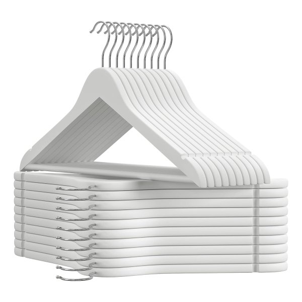 Houten kleerhangers, set van 20 beugels, van massief hout, antislip, inkepingen op de schouders, met brug voor broeken, 360° draaibaar, voor pakken, overhemden, mantels, wit