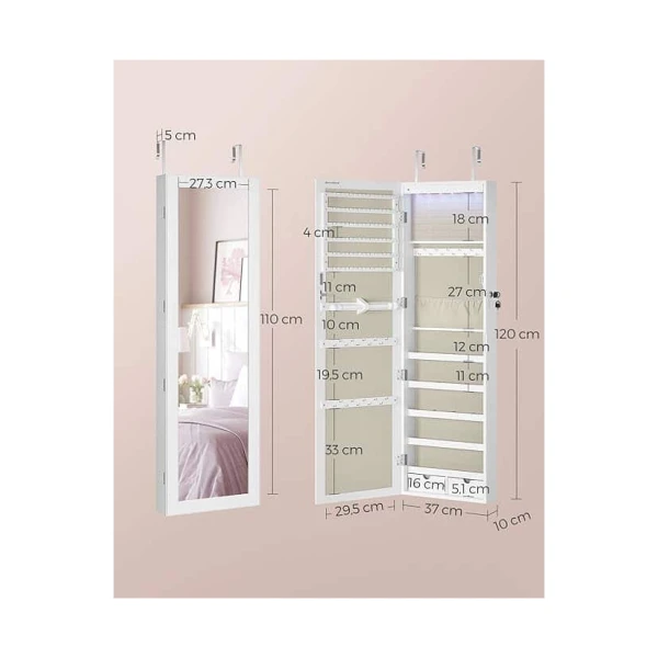 COSTWAY Vergrendelbare sieradenkast met spiegel en 6 LED-verlichting & 2 laden, ophangbare sieradenkast, spiegelkast voor wand- / deurmontage (Wit