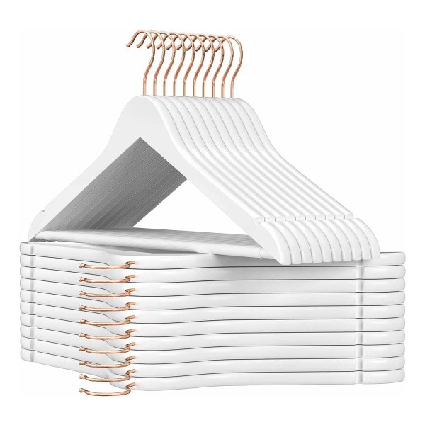 Houten kleerhanger, voor pakken, set van 20, massief houten kleerhanger, inkepingen in schouderpartij, anti slip, jassen, hemden, broeken, 360° draaibare haak,wit en rose goud
