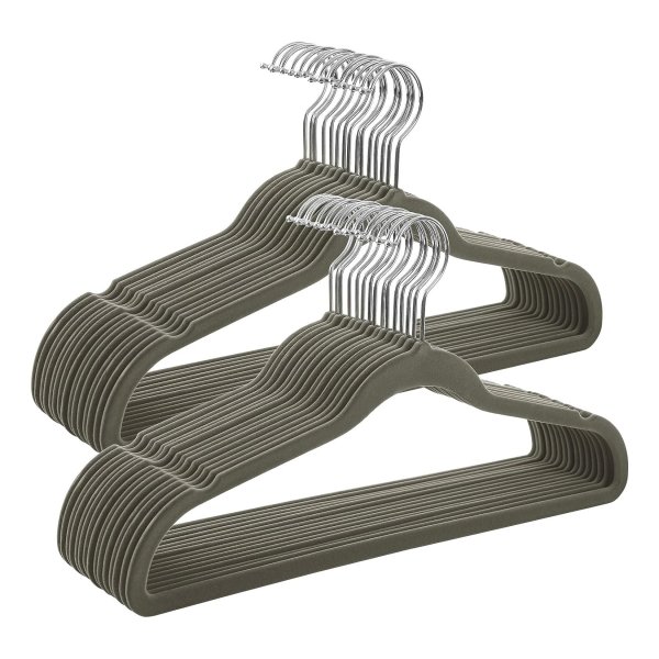 Kleerhangers, fluweel, set van 30 stuks, 43,5 cm lang, kledinghanger, dun, goed belastbaar, 360 graden draaibare haak, voor jassen, overhemden en pakken, grijs