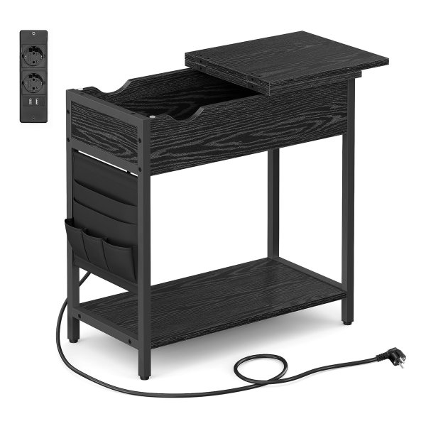 Bijzettafel, nachtkastje met stopcontact, smal, met USB poorten, tas, voor woonkamer, slaapkamer, zwart met houtnerf