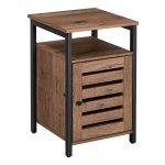 Nachtkastje, bijzettafel met plank, voor slaapkamer, woonkamer, metaal, industrieel design, walnoot bruin, zwart