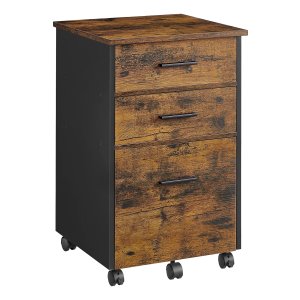 Verrijdbare ladeblok, archiefkast, kantoorkast met 3 laden, waarvan 2 van stof, 1 lade van spaanplaat, met wieltjes, voor kantoor, studeerkamer, slaapkamer, vintage bruin en zwart