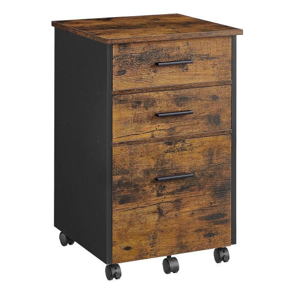 Verrijdbare ladeblok, archiefkast, kantoorkast met 3 laden, waarvan 2 van stof, 1 lade van spaanplaat, met wieltjes, voor kantoor, studeerkamer, slaapkamer, vintage bruin en zwart