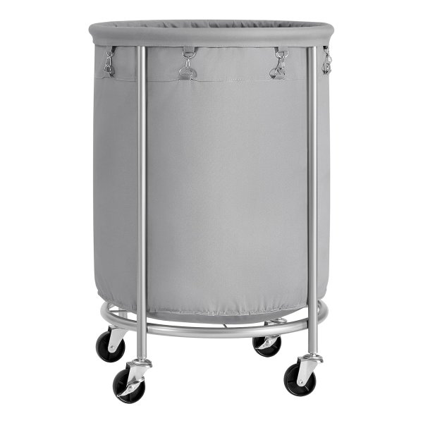 Wasmand met wieltjes, wasverzamelaar, 170 liter, ronde mand met stalen frame, afneembare waszak, 4 wielen, waarvan 2 met rem, grijs en zilver