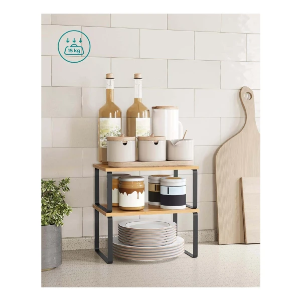 SONGMICS Kruidenrek, set van 2, uitbreidbaar, keukenorganizer, kruidenhouder, keuken, kleine plank, metaal, werkblad, tafelorganizer, matzwart KCS402B01