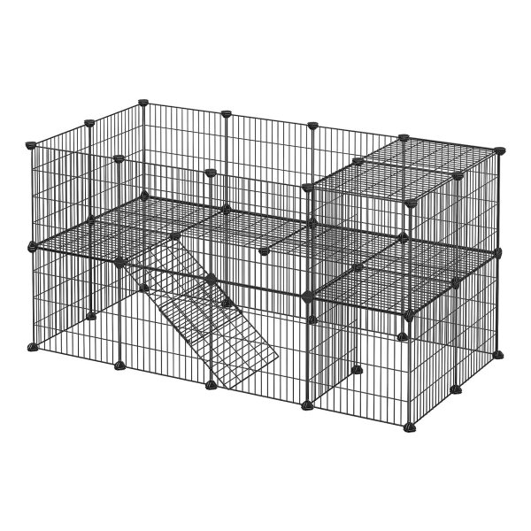 Kooi, 36 platen, 2 niveaus, box voor kleine dieren en cavia's, incl. rubberen hamer, voor binnen, verstelbaar, individueel te monteren, zwarte